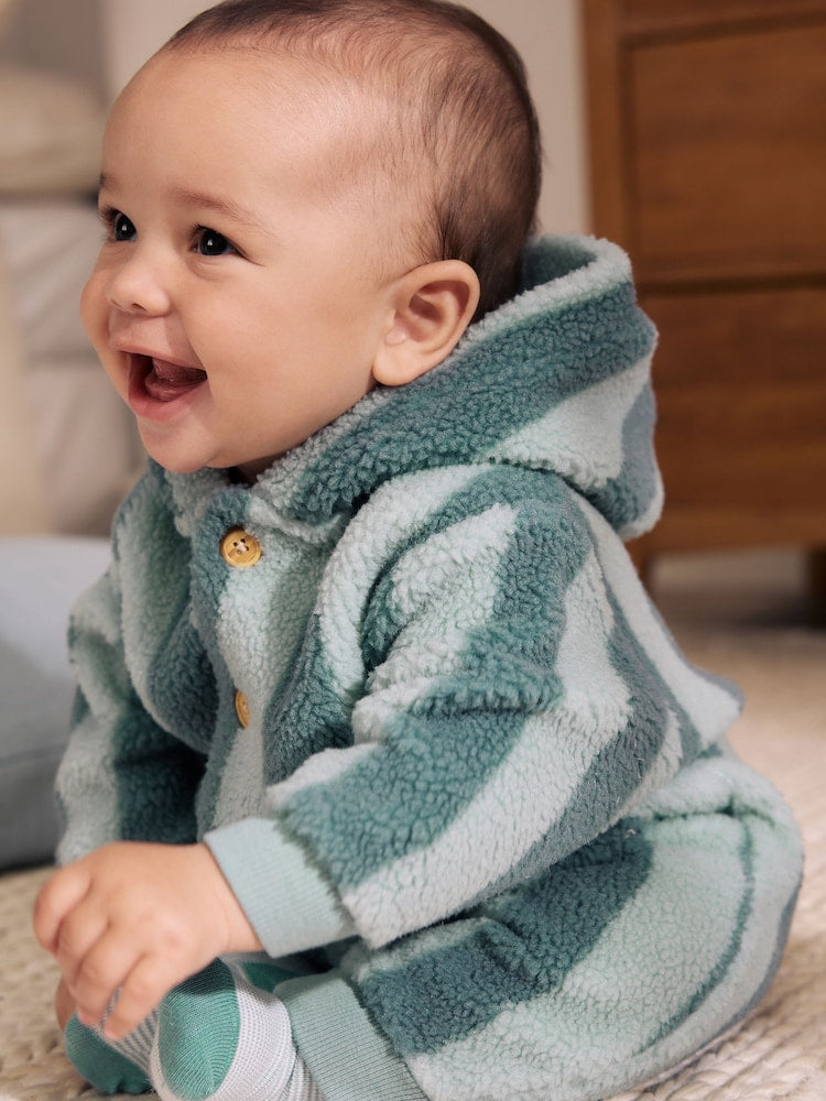 Blue Stripe Borg Button Hooded Baby Pramsuit (0mths-2yrs) - Up to 1 Month (50-56cm)