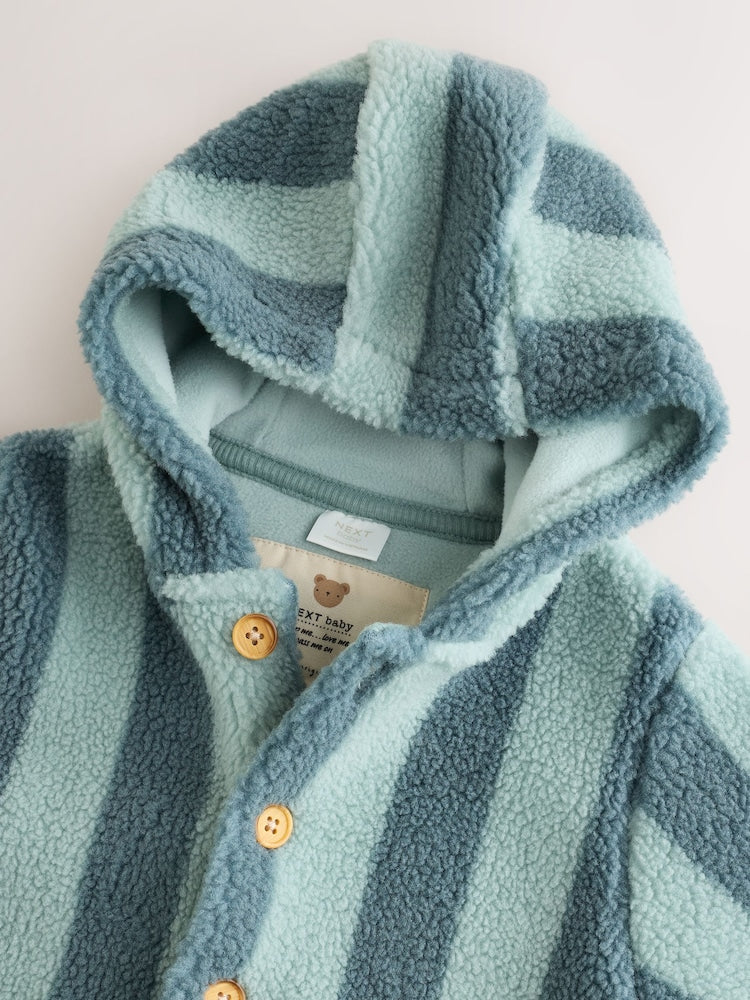 Blue Stripe Borg Button Hooded Baby Pramsuit (0mths-2yrs)