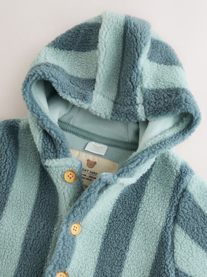 Blue Stripe Borg Button Hooded Baby Pramsuit (0mths-2yrs)