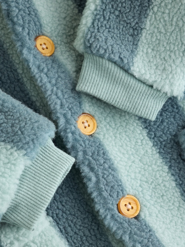 Blue Stripe Borg Button Hooded Baby Pramsuit (0mths-2yrs)