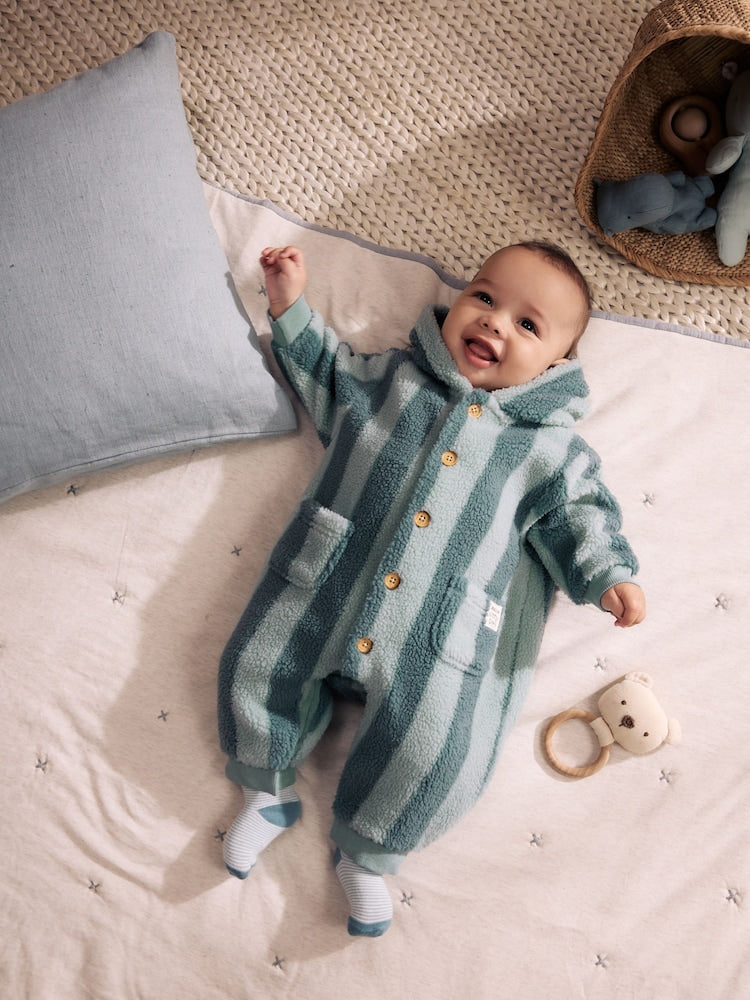 Blue Stripe Borg Button Hooded Baby Pramsuit (0mths-2yrs)
