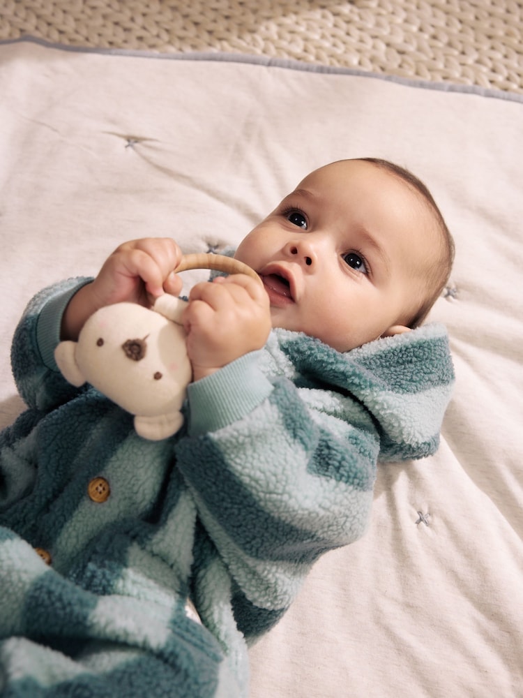 Blue Stripe Borg Button Hooded Baby Pramsuit (0mths-2yrs)