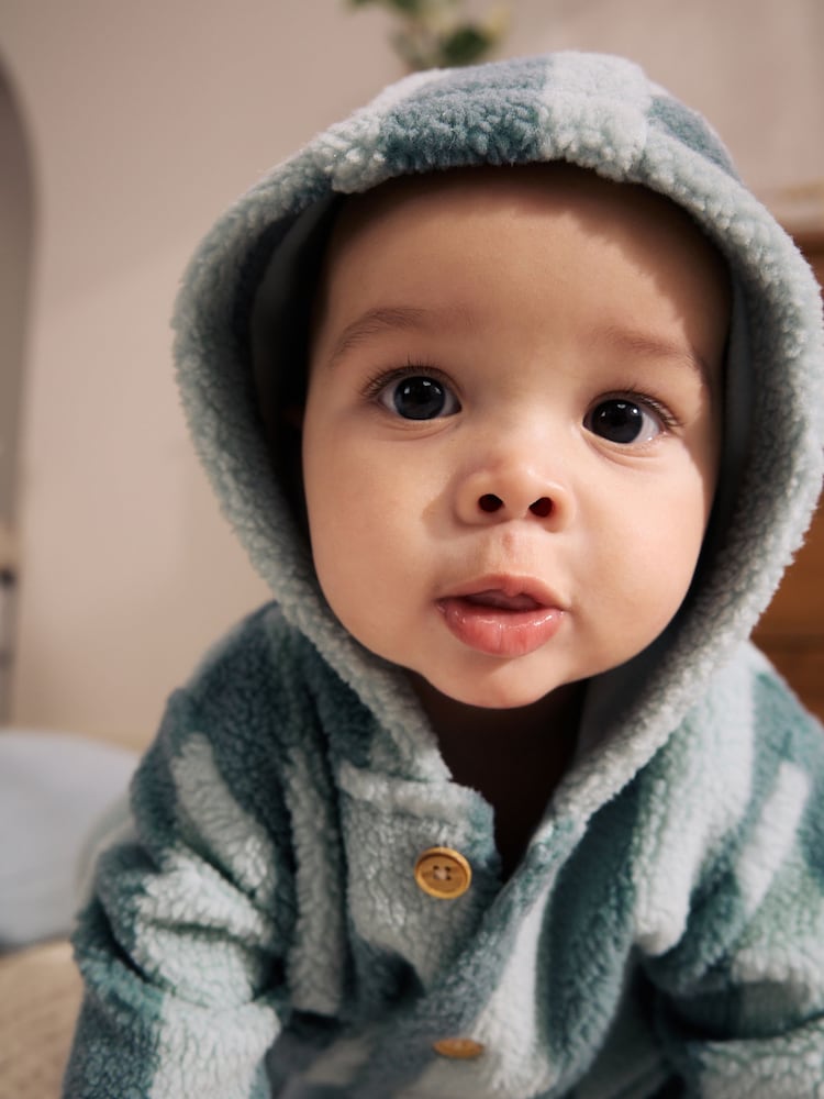 Blue Stripe Borg Button Hooded Baby Pramsuit (0mths-2yrs)