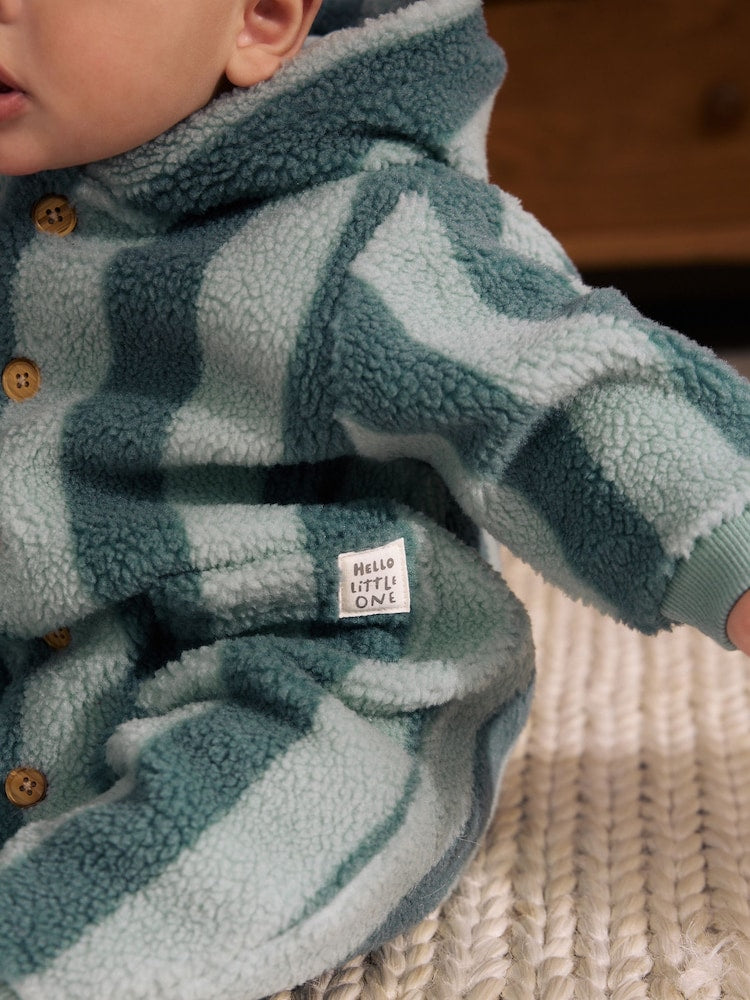 Blue Stripe Borg Button Hooded Baby Pramsuit (0mths-2yrs)