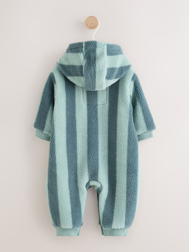 Blue Stripe Borg Button Hooded Baby Pramsuit (0mths-2yrs)