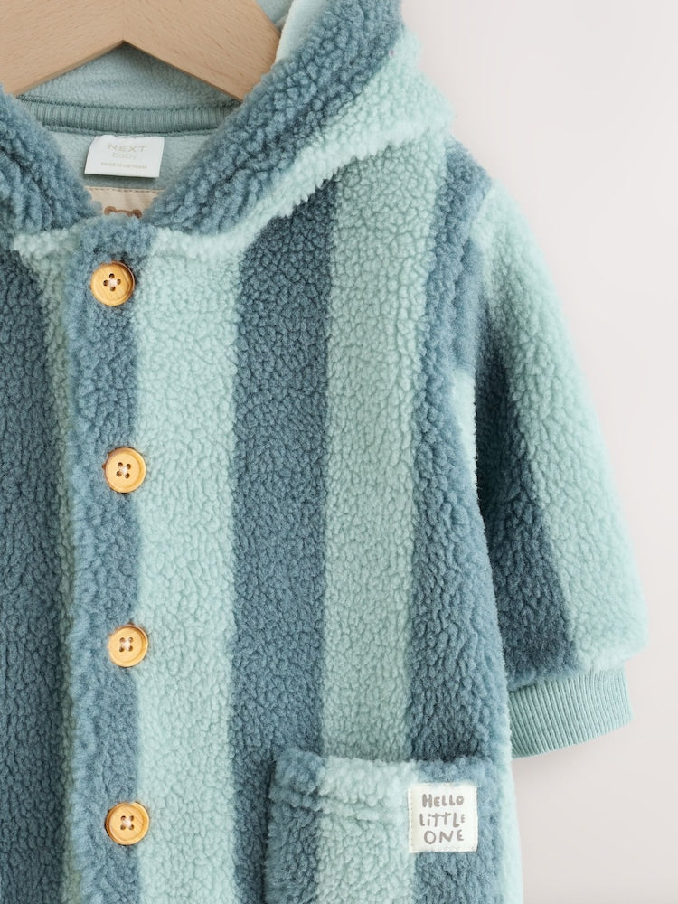 Blue Stripe Borg Button Hooded Baby Pramsuit (0mths-2yrs)