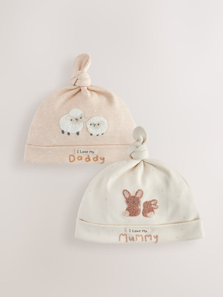 Neutral Tie Top Baby Hats 2 Pack (0-6mths) - Neutral Tie / Up to 1 Month (50-56cm)