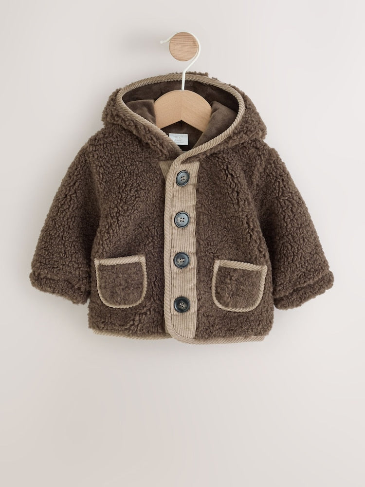 Chocolate Brown Borg Hooded Fleece Lined Baby Jacket - Up to 1 Month (50-56cm)