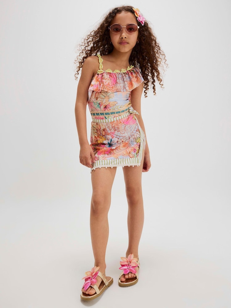 River Island Orange Del Maar Aysmmetric Swimsuit &amp; Skirt Set - Size 5-6 Years (110-116cm) - River Island Orange Del Maar Aysmmetric