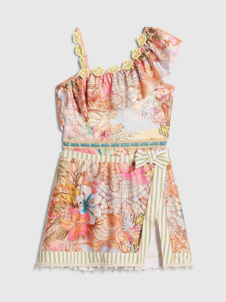River Island Orange Del Maar Aysmmetric Swimsuit &amp; Skirt Set - Size 5-6 Years (110-116cm)