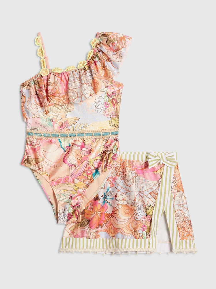 River Island Orange Del Maar Aysmmetric Swimsuit &amp; Skirt Set - Size 5-6 Years (110-116cm)