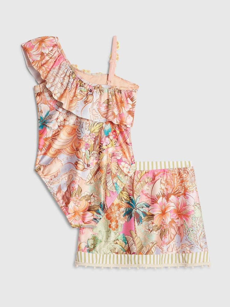 River Island Orange Del Maar Aysmmetric Swimsuit &amp; Skirt Set - Size 5-6 Years (110-116cm)