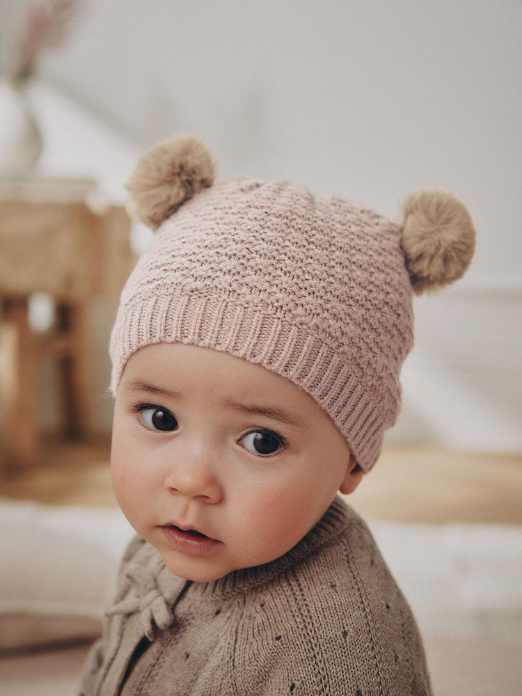 Brown Pointelle Knitted Double Pom Baby Beanie - Brown Pointelle Knitted / Up to 1 Month (50-56cm)