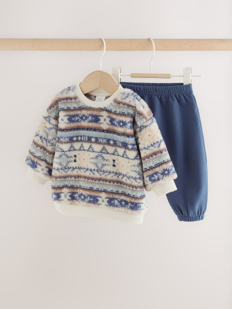 Blue Fairisle Fleece Top and Joggers Baby Set (0mths-2yrs) - Blue Fairisle / 12 - 18 Months (80 - 86cm)