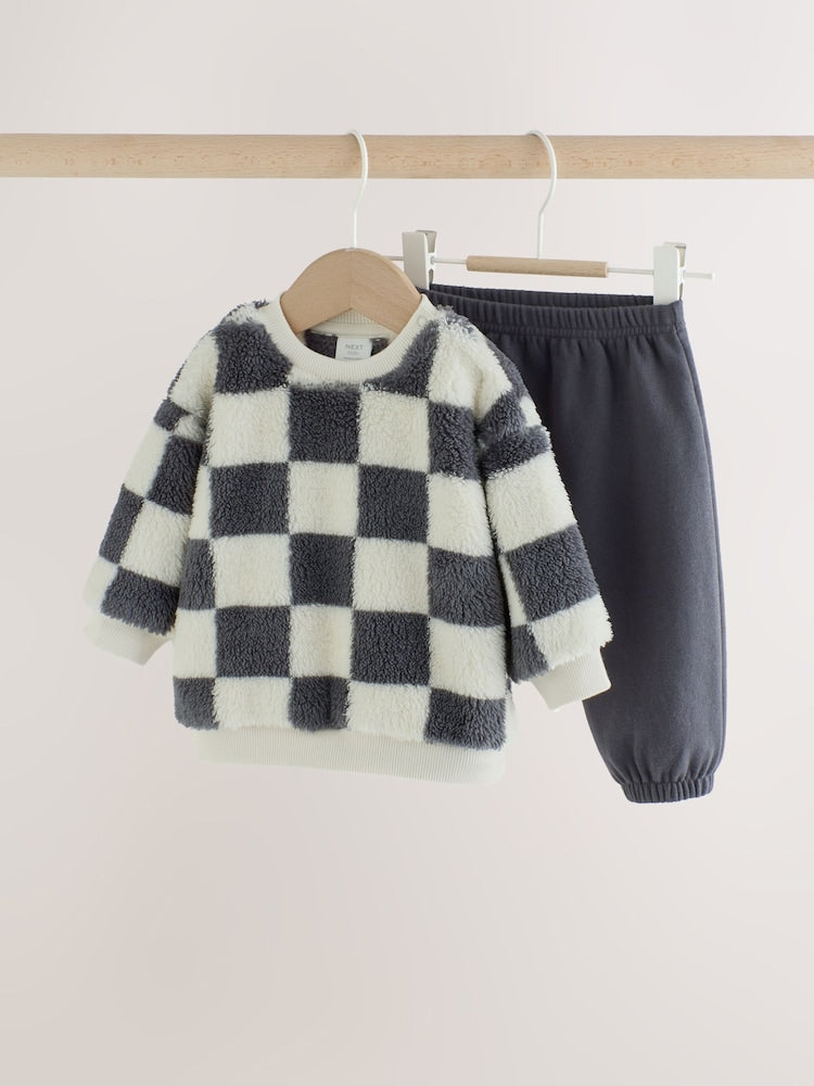 Grey Checkerboard Fleece Top and Joggers Baby Set (0mths-2yrs) - Grey Checkerboard / 12 - 18 Months (80 - 86cm)