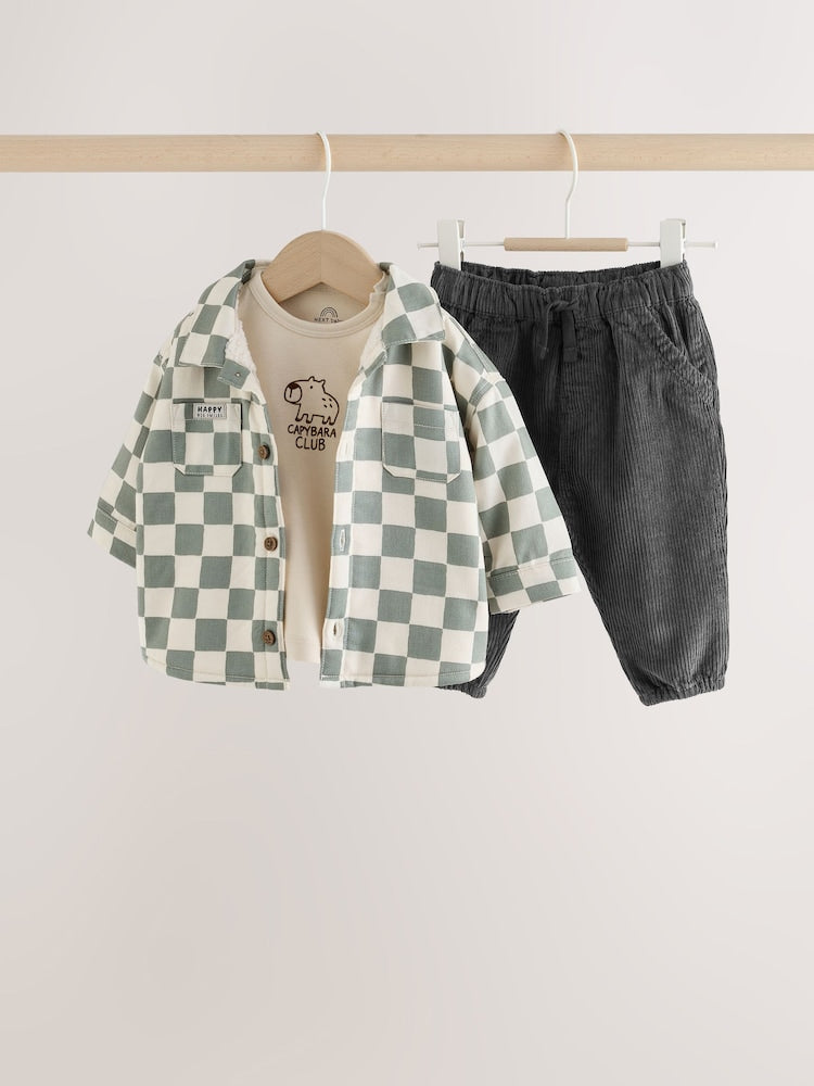 Green Checkerboard Shacket, Top and Trouser Baby 3 Piece Set (0mths-2yrs) - Green Checkerboard / 12 - 18 Months (80 - 86cm)