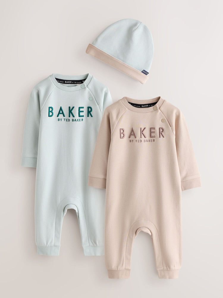 Baker by Ted Baker Green/Ecru Romper and Hat 3 Piece Set