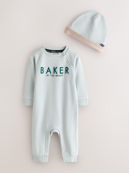 Baker by Ted Baker Green/Ecru Romper and Hat 3 Piece Set