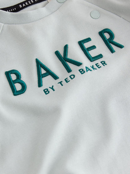 Baker by Ted Baker Green/Ecru Romper and Hat 3 Piece Set