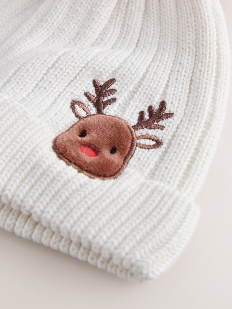 White Embroidered Knitted Christmas Reindeer Pom Baby Hat (0mths-3yrs)