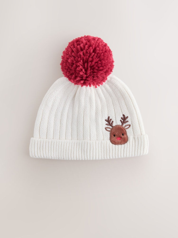 White Embroidered Knitted Christmas Reindeer Pom Baby Hat (0mths-3yrs) - Up to 1 Month (50-56cm)