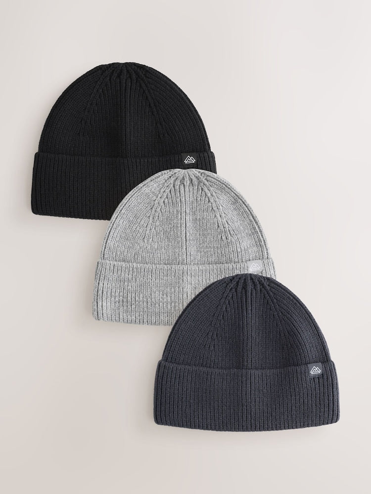 Black/Grey Beanie Hats 3 Pack (1-16yrs) - Black/Grey / 11 - 13 Years (146 - 158cm)