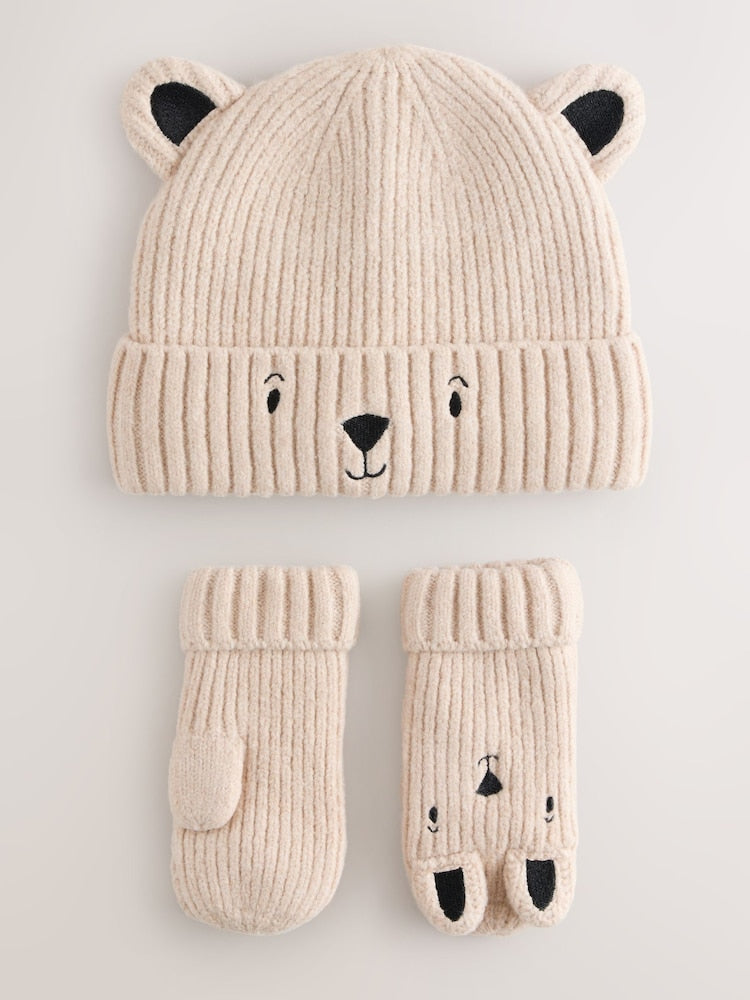 Neutral Bear Character Hat and Gloves Set 2 Piece (3mths-6yrs) - Neutral Bear Character / 5 - 6 Years (110 - 116cm)