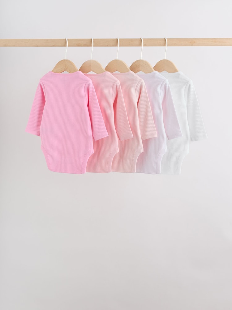 Pink/White Long Sleeve Baby Bodysuits 5 Pack