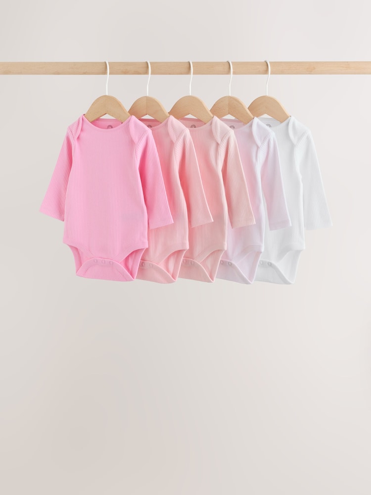 Pink/White Long Sleeve Baby Bodysuits 5 Pack