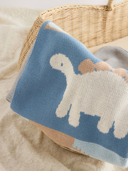 Blue/Brown Dino Scene Knitted Blanket - Blue/Brown Dino Scene