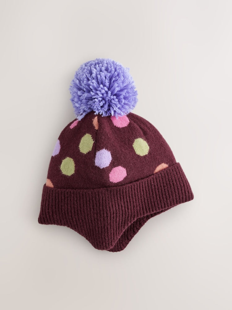 Chocolate Brown Dots Beanie Pom Hat (3mths-10yrs) - Chocolate Brown Dots / 7 - 10 Years (122 - 140cm)