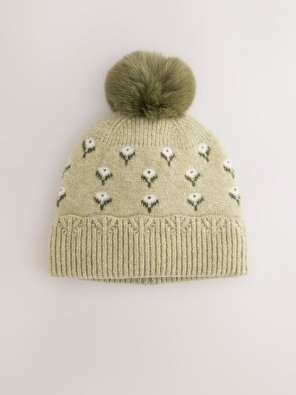 Olive/ Green Flower Pom Beanie Hat (3mths-16yrs) - Olive/ Green Flower / 11 - 13 Years (146 - 158cm)