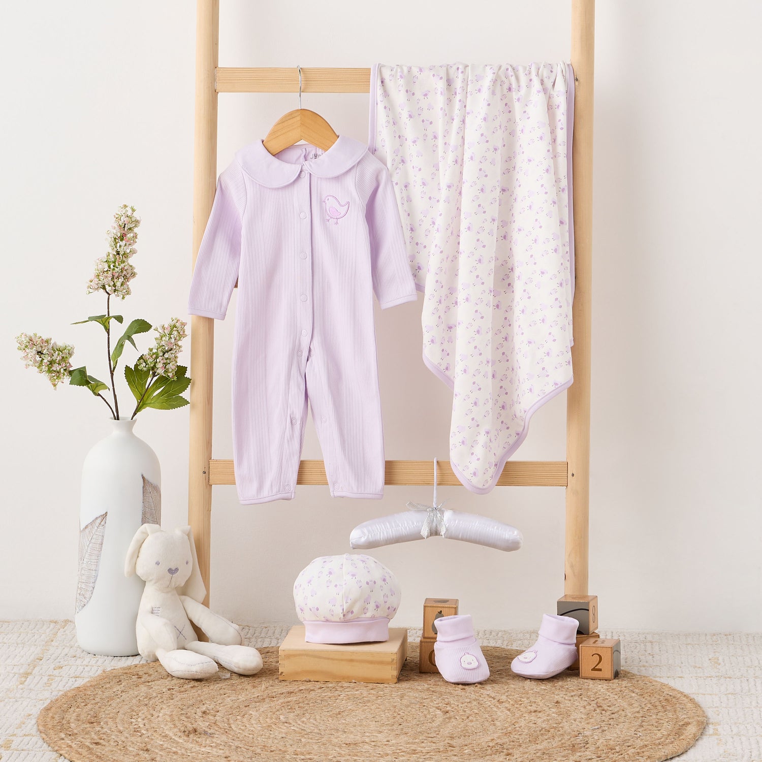 Juniors 5-Piece Girls Gift Set - Cotton - Sleepsuit, Blanket, Beanie Cap - Bird Print