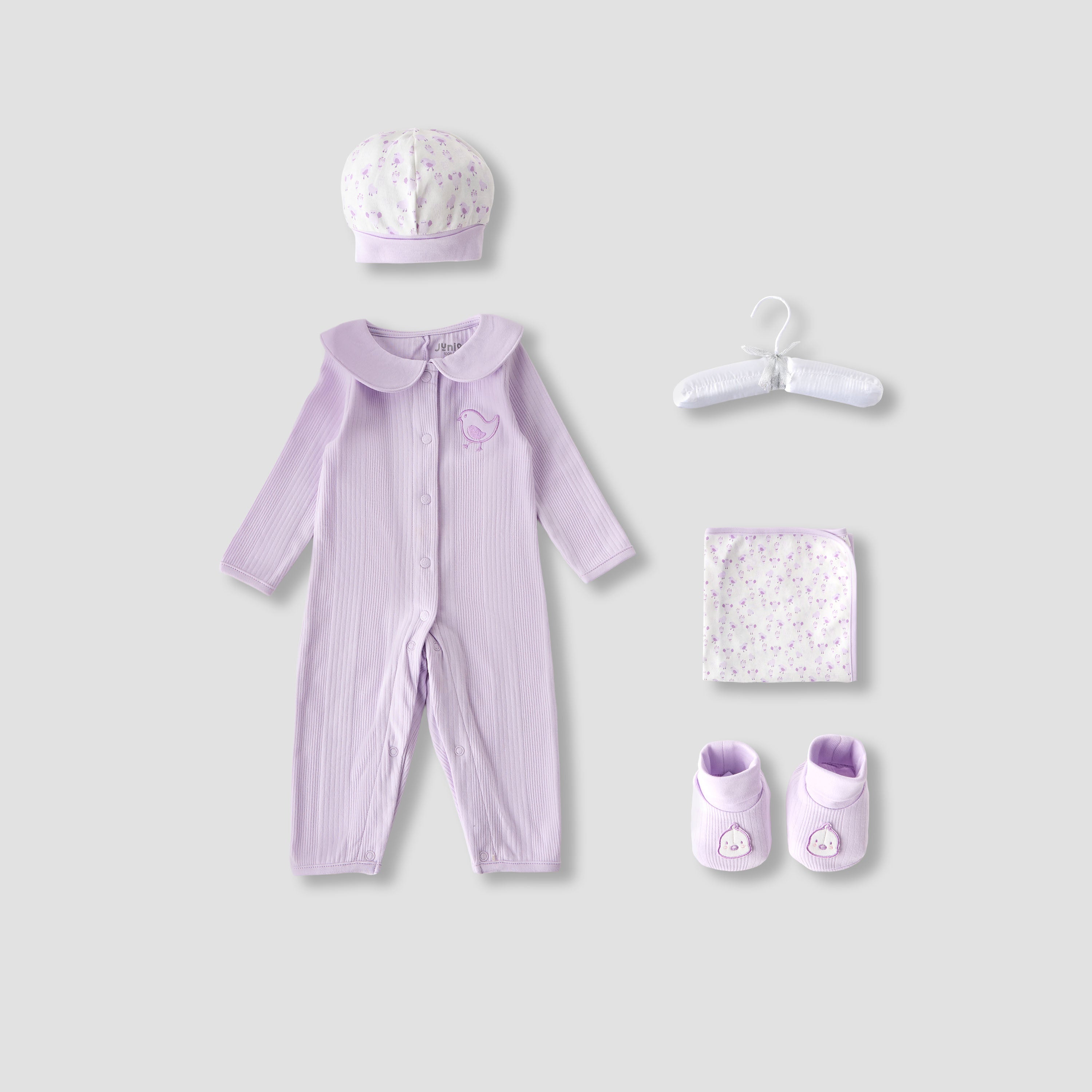Juniors 5-Piece Girls Gift Set - Cotton - Sleepsuit, Blanket, Beanie Cap - Bird Print