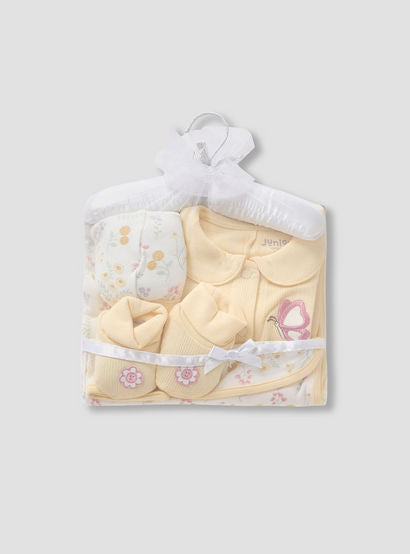 Juniors 5-Piece Girls Gift Set - Cotton - Sleepsuit, Blanket, Beanie, Hanger, Booties - Floral Print-baby-girls-clothing-setsandcoords-image-1