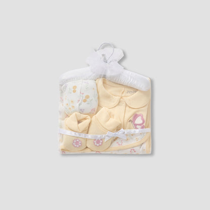 Juniors 5-Piece Girls Gift Set - Cotton - Sleepsuit, Blanket, Beanie, Hanger, Booties - Floral Print - Yellow / 0-6 mths