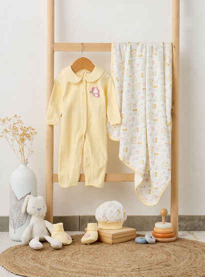 Juniors 5-Piece Girls Gift Set - Cotton - Sleepsuit, Blanket, Beanie, Hanger, Booties - Floral Print-baby-girls-clothing-setsandcoords-image-10