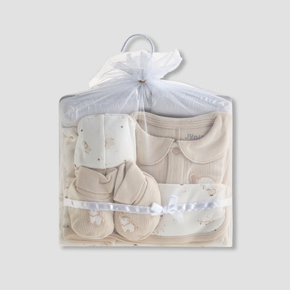 Juniors 5-Piece Girls Gift Set - Cotton - Sleepsuit, Blanket, Beanie Cap - Elephant Print - Beige / 0-6 mths
