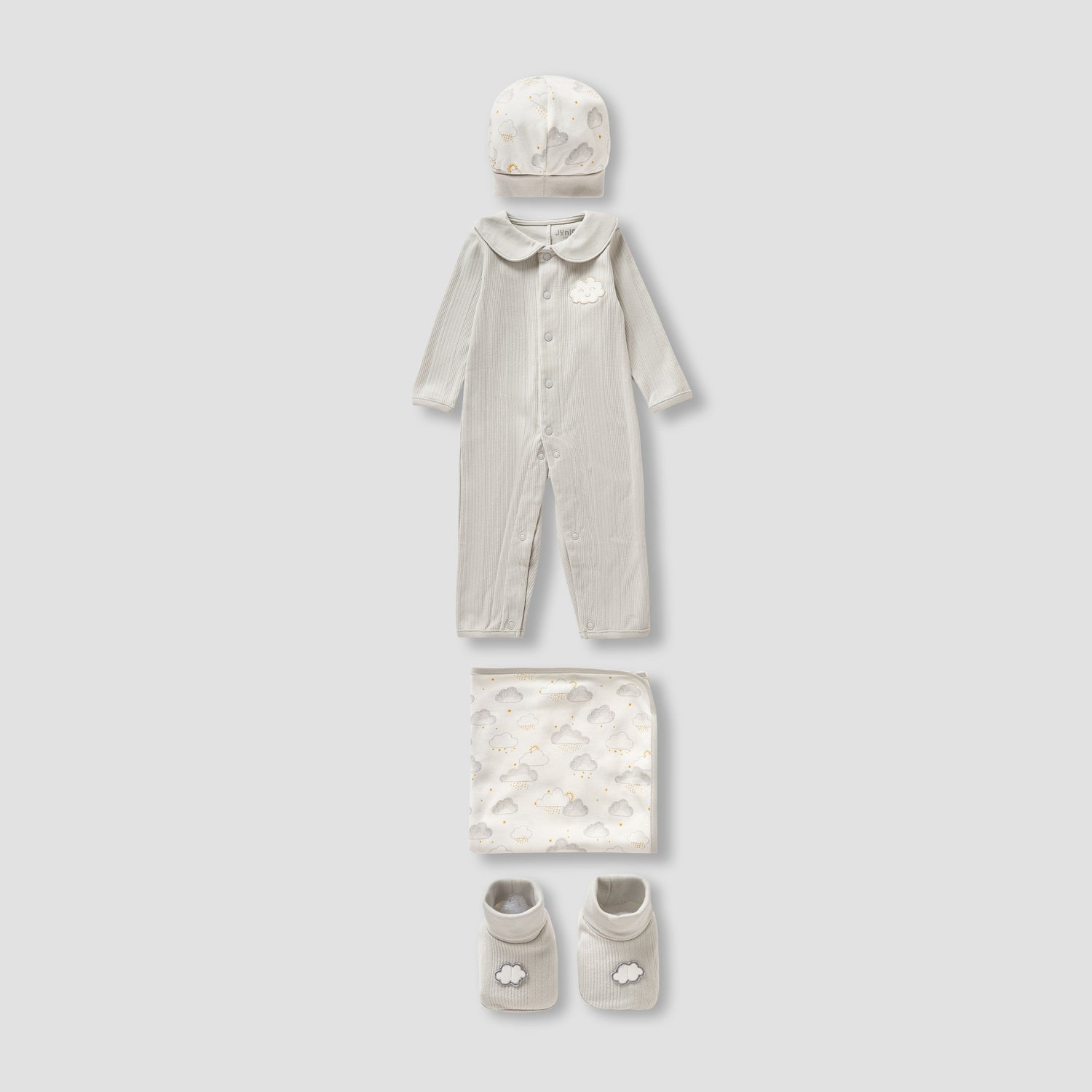 Juniors 4-Piece Girls Gift Set - Cotton - Bodysuit, Booties, Beanie Cap - Cloud Print