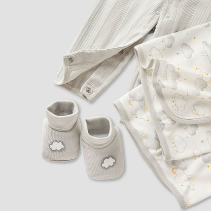 Juniors 4-Piece Girls Gift Set - Cotton - Bodysuit, Booties, Beanie Cap - Cloud Print
