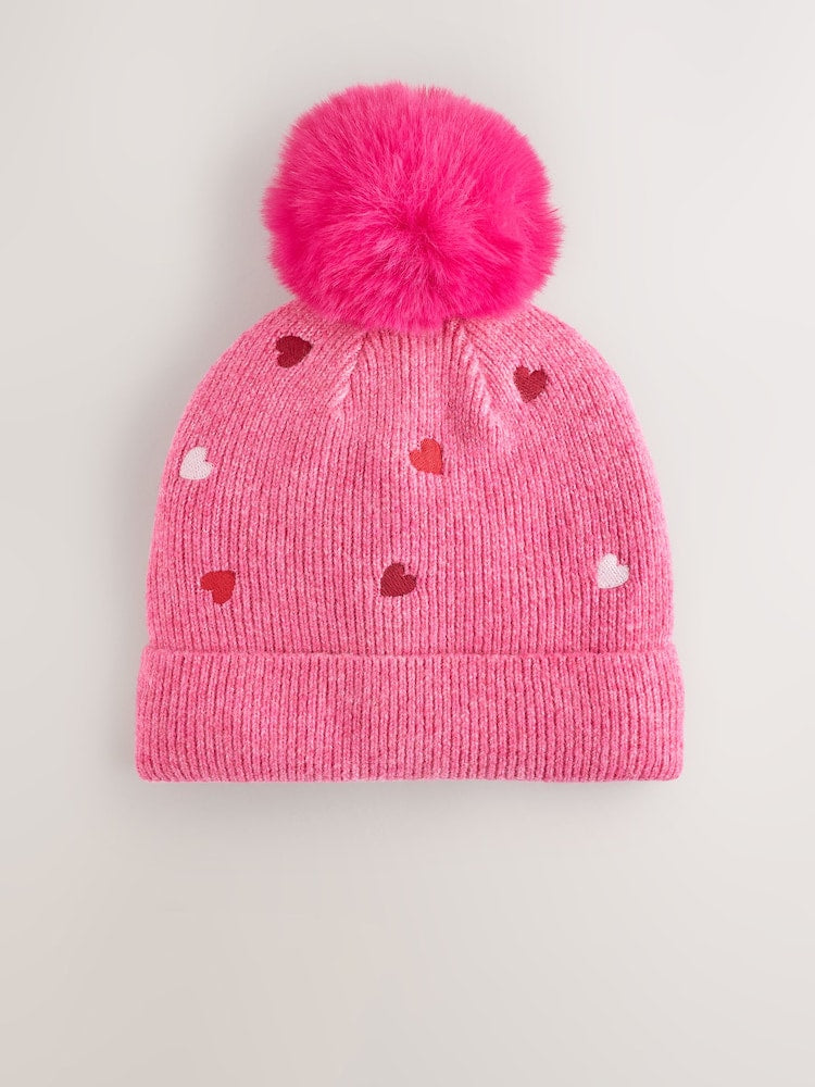 Pink Heart Pom Beanie Hat (3mths-16yrs) - Pink Heart / 7 - 10 Years (122 - 140cm)