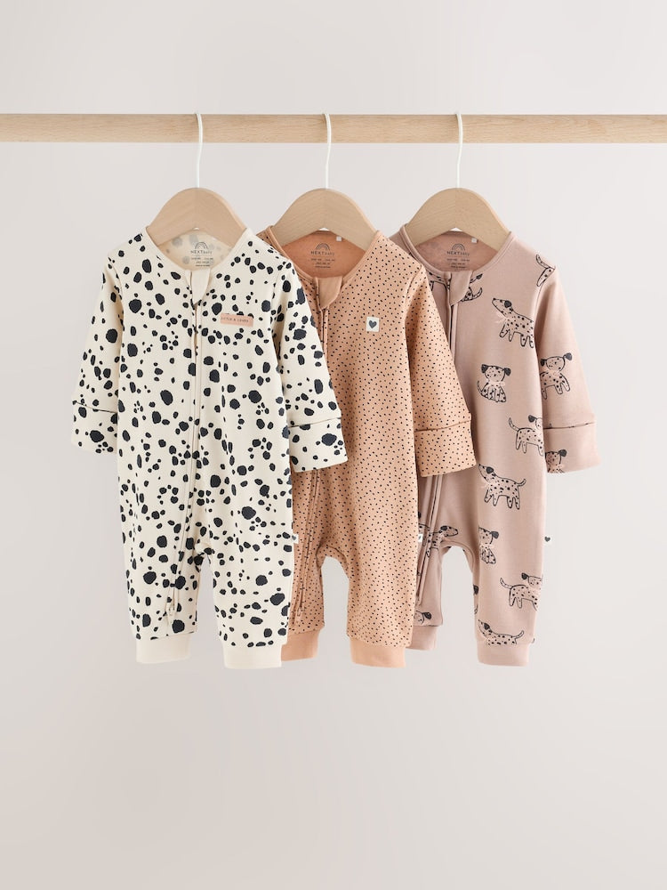 Brown Dog Two Way Zip Baby Sleepsuits 3 Pack (0-3yrs)