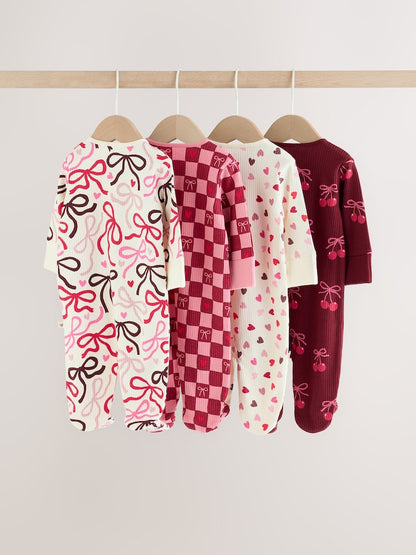 Berry Bow Two Way Zip Baby Sleepsuits 4 Pack (0mths-3yrs)