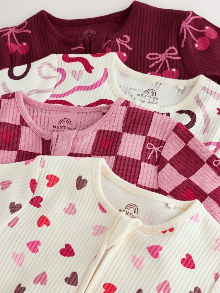 Berry Bow Two Way Zip Baby Sleepsuits 4 Pack (0mths-3yrs)