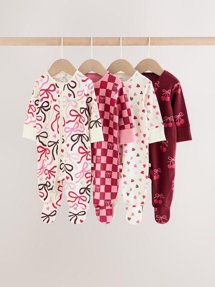 Berry Bow Two Way Zip Baby Sleepsuits 4 Pack (0mths-3yrs)