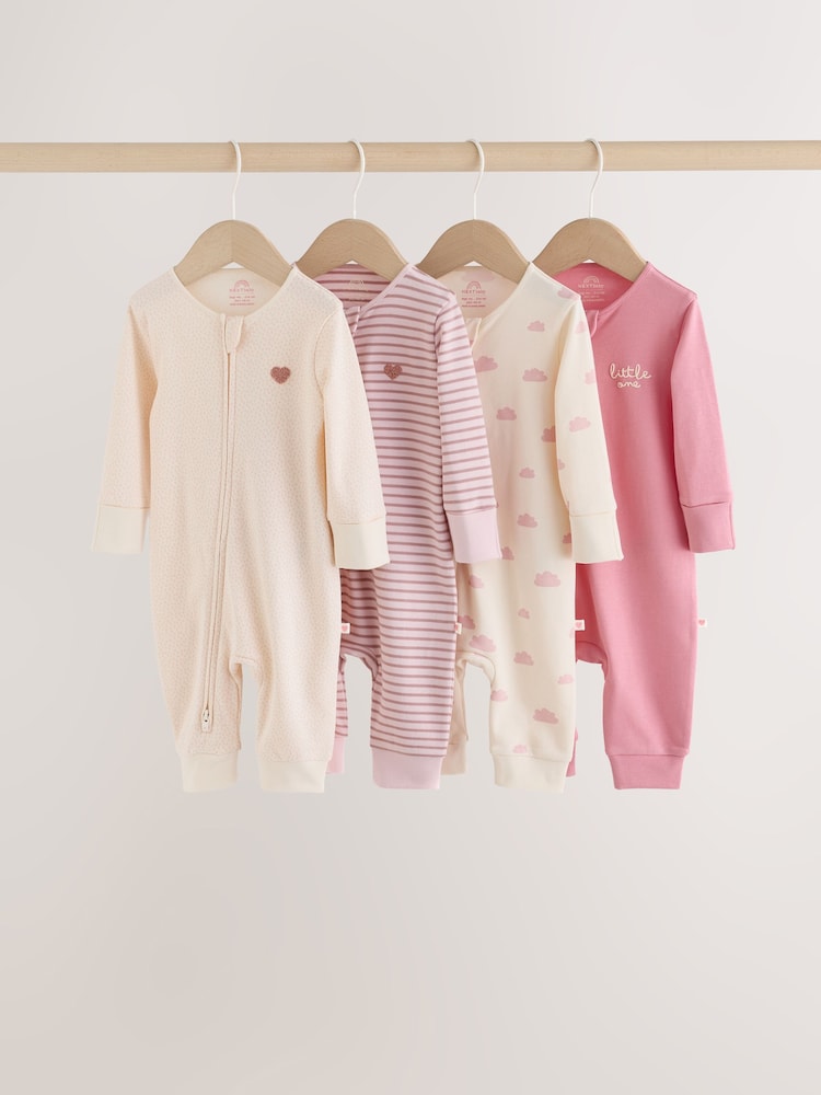 Ecru/Pink Cloud Two-Way Zip Baby Sleepsuit 4 Pack (0-2yrs) - Ecru/Pink Cloud / 12 - 18 Months (80 - 86cm)