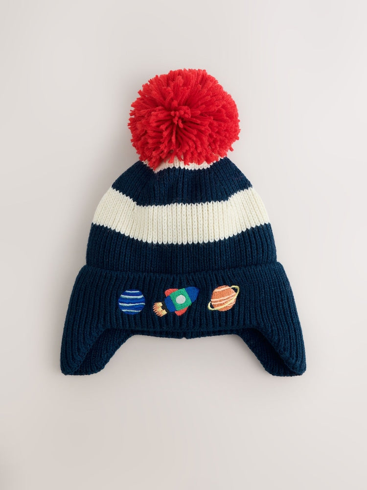 Navy/Stripe/Space Embroidered Pom Beanie (3mths-16yrs) - Navy/Stripe/Space / 7 - 10 Years (122 - 140cm)