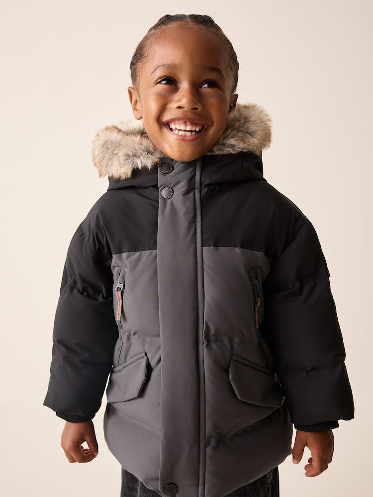 Black/Grey Waterproof Padded Coat (12mths-10yrs) - Black/Grey / 12 - 18 Months (80 - 86cm)
