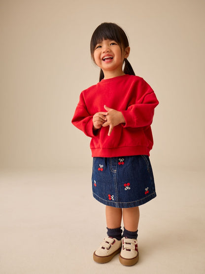 Denim Cherry Embroidery Pull-On Skirt (3mths-7yrs)