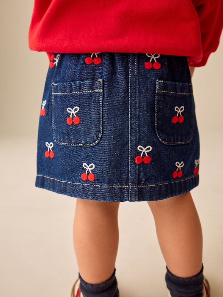 Denim Cherry Embroidery Pull-On Skirt (3mths-7yrs)